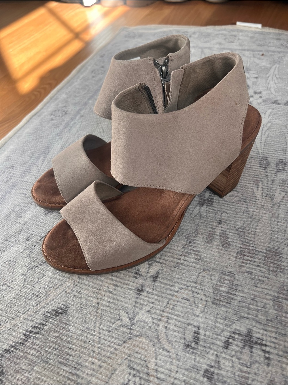 Toms Taupe Suede Block Heel Sandals